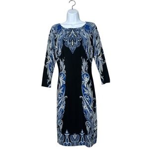 Cache Black Blue Paisley Sheath Dress Womens L 3/4 Sleeve Knee Length